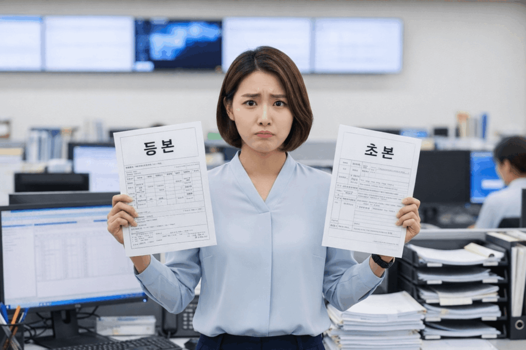 주민등록등본과 주민등록초본을 비교하며 제출 서류를 고민하는 상황