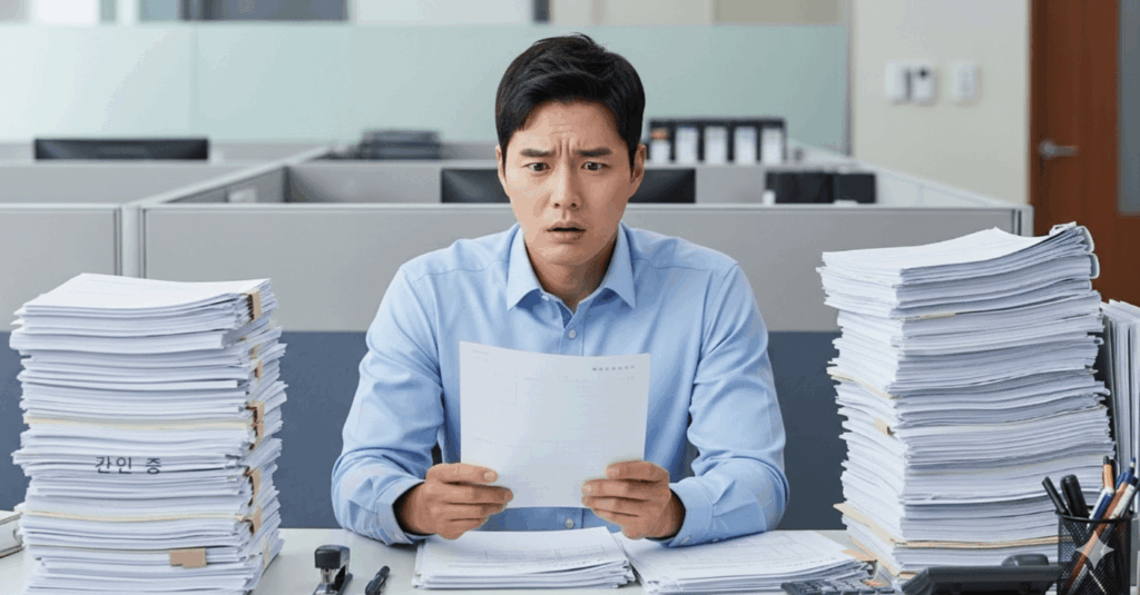 행정서류 제출을 위해 최근 3개월 이내 서류를 확인하는 직장인의 모습
