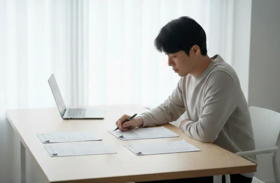 복지 제도를 신청하기 위해 서류를 직접 확인하는 시민의 모습
