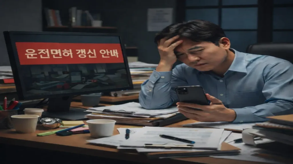 운전면허 갱신 안내 화면을 확인하며 스마트폰으로 정보를 살펴보는 모습