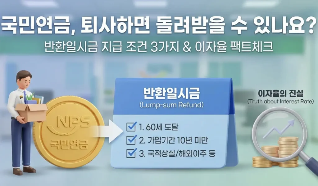 퇴사 후 국민연금 반환일시금 지급 조건과 이자율을 설명한 인포그래픽 이미지
