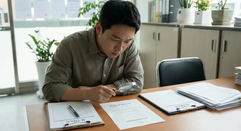 전세계약 전 등기부등본 확인 중인 남성의 실사 이미지, 서류와 체크리스트가 책상 위에 놓여 있음