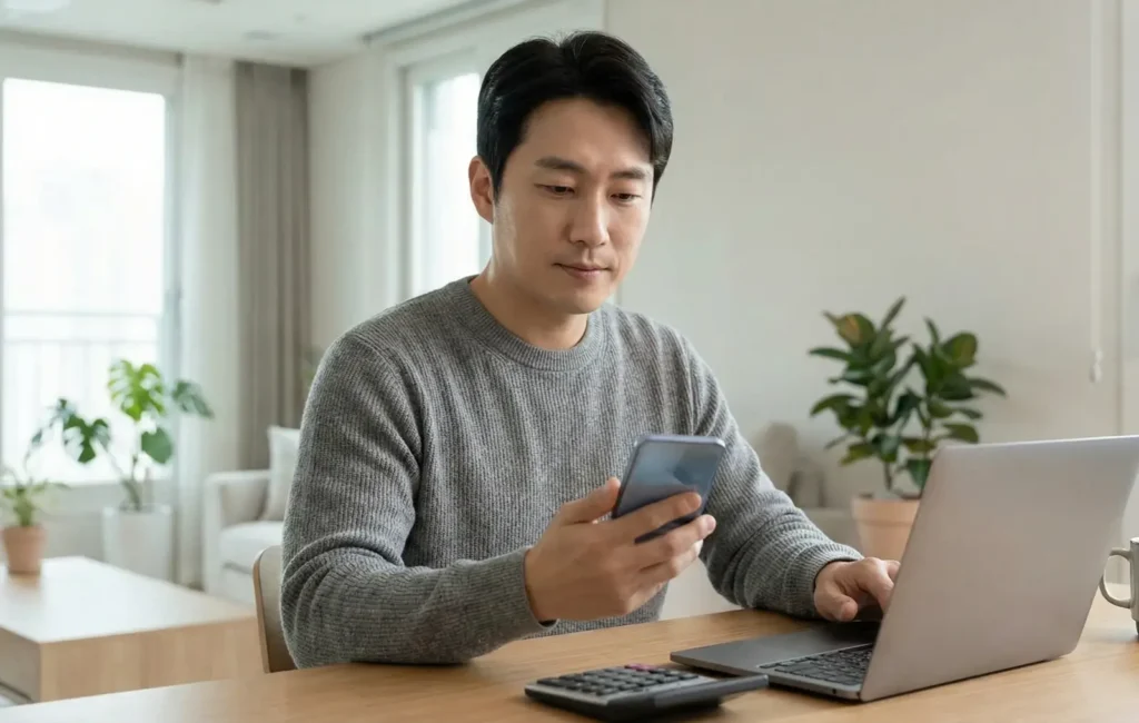 스마트폰으로 2026년 근로장려금 신청 자격 여부를 확인하는 직장인 모습