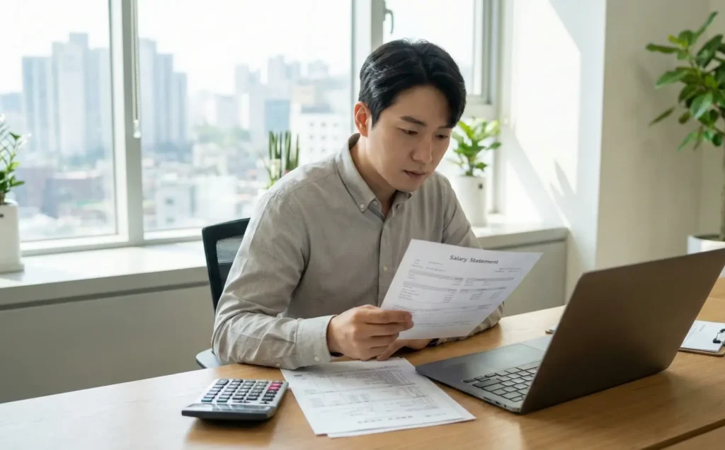 2026년 근로장려금 반기 신청 자격을 확인하며 급여명세서를 검토하는 직장인