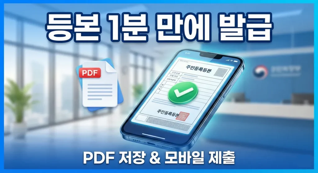 스마트폰 화면으로 주민등록등본을 모바일 발급하고 PDF 파일로 저장하여 제출하는 과정을 설명하는 대표 이미지