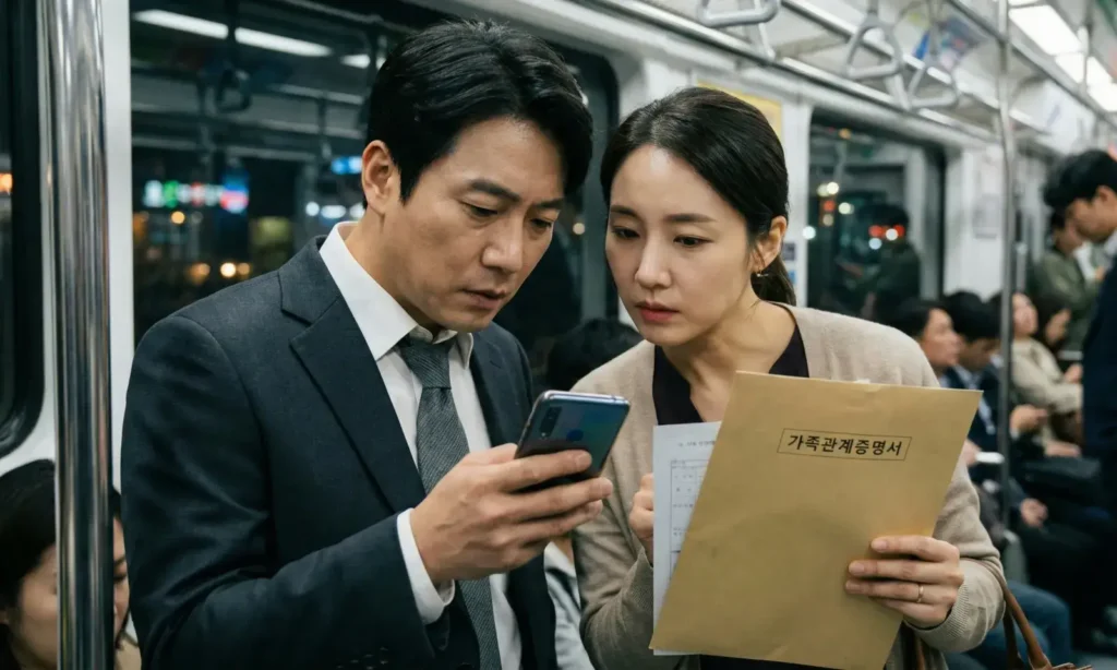지하철에서 나이스 학부모 서비스로 늘봄학교를 모바일 신청하며 서류를 확인하는 부모