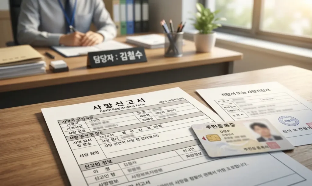 관공서 책상 위에 놓인 한국 사망신고서 양식과 주민등록증, 사망진단서 서류. 2026년 기준 사망신고 필수 서류와 절차 가이드를 위한 블로그 대표 이미지