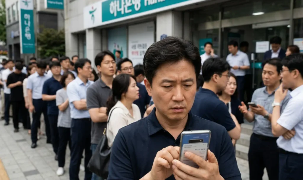 뱅크런 상황에서 은행 앞에 줄을 선 사람들과 계좌 잔액을 확인하는 모습, 예금 인출 불안 이미지