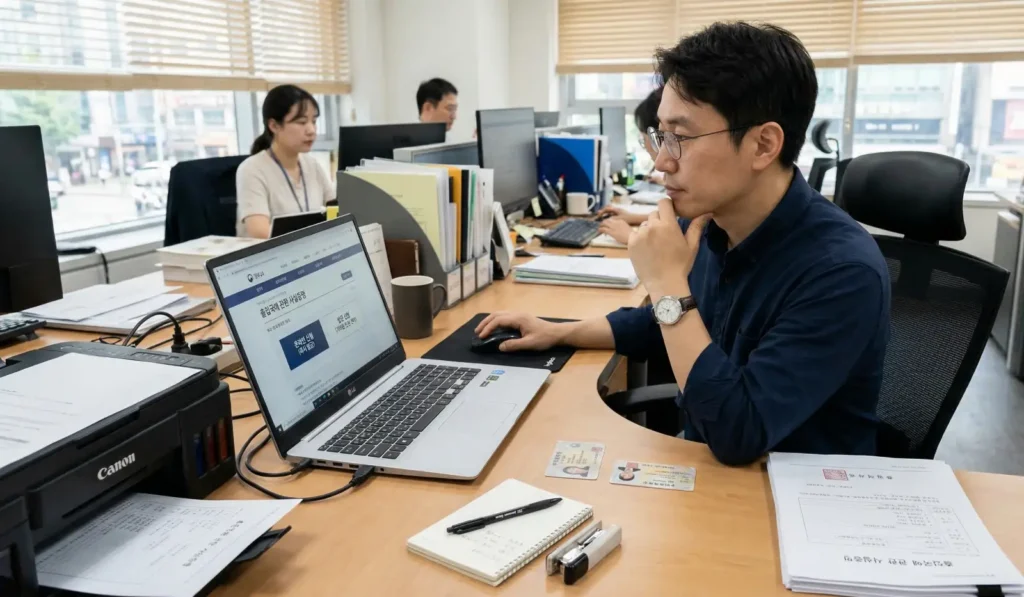 출입국사실증명서 발급 방법을 확인하며 온라인 신청과 주민센터 방문 발급을 비교하는 직장인