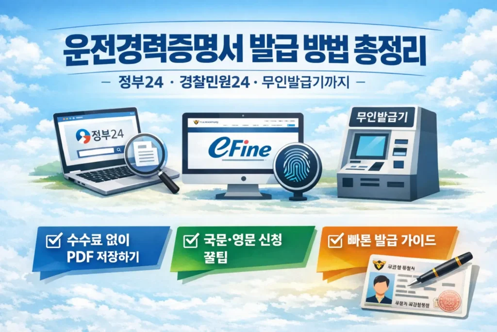 운전경력증명서 발급 방법을 설명하는 대표 이미지, 정부24 경찰민원24 무인발급기 비교 안내