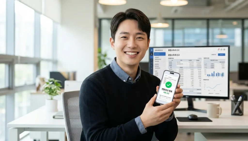 스마트폰 앱으로 연말정산용 건강보험료 납부확인서를 1분 만에 발급받고 안도하는 직장인 모습
