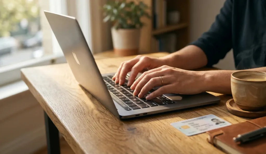 집에서 노트북으로 주민등록증 재발급 온라인 신청을 하는 모습. 따뜻한 우드 책상 위에 신분증과 커피가 놓여 있습니다.