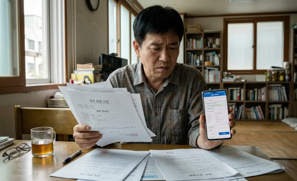 상속 관련 서류를 확인하며 빚 대물림을 걱정하는 상황에서 상속포기 신청을 고민하는 모습