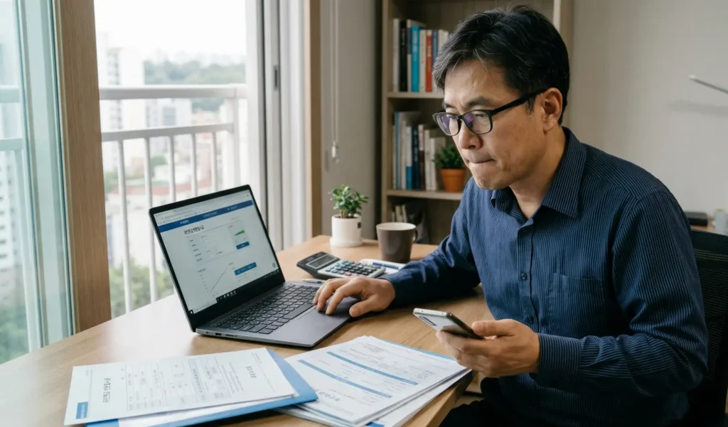 책상에서 노트북과 스마트폰으로 국민연금 반환일시금 예상 수령액을 조회하는 모습