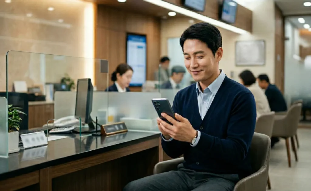은행 창구에서 스마트폰으로 건강보험 자격득실확인서를 모바일 발급하는 모습