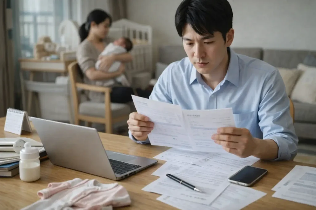 출산 후 집에서 휴가와 정부 지원금 관련 서류를 확인하는 남성의 모습
