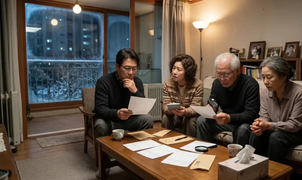 난방비와 전기요금 고지서를 보며 고민하는 한국 가족, 2026년 고유가 지원금과 에너지 바우처 설명 이미지