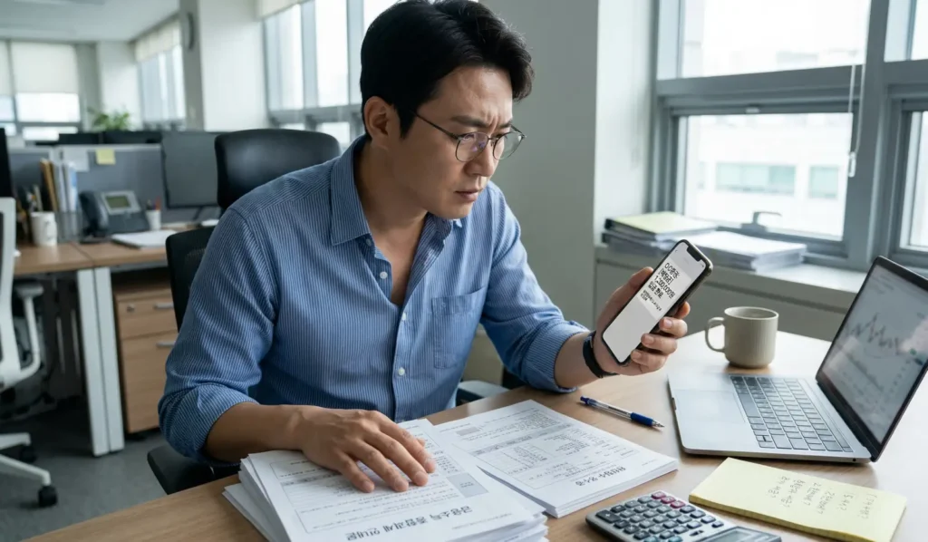 배당금 입금 내역과 세금 서류를 확인하는 직장인의 모습