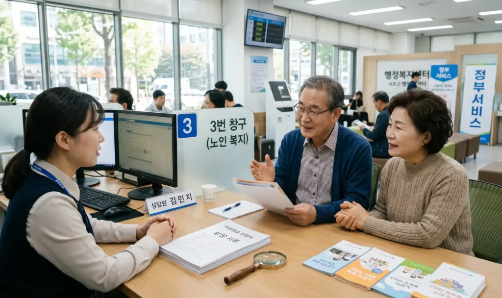 행정복지센터 상담창구에서 노년 부부가 기초연금 관련 서류를 들고 상담을 받는 모습