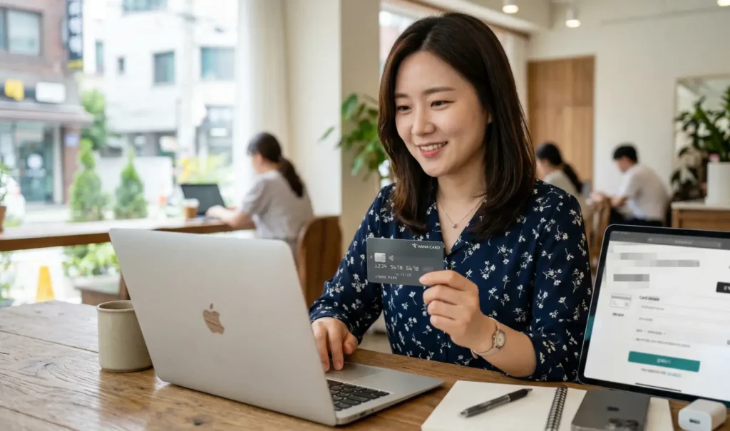 맞춤형복지포탈에 로그인하여 복지포인트 온라인 사용처를 확인하고 결제를 준비하는 직장인의 모습