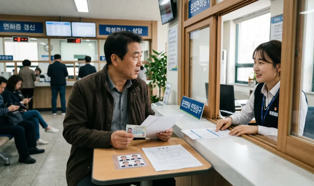 운전면허 민원창구에서 적성검사 갱신 준비물과 서류를 확인하는 모습