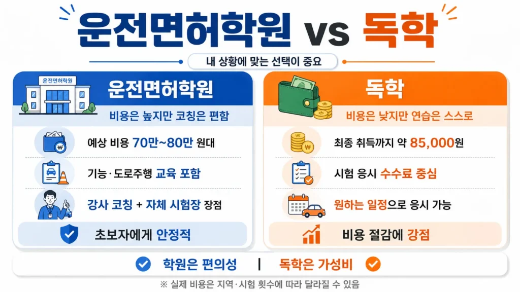 운전면허학원과 독학의 비용, 교육 방식, 장단점을 비교한 운전면허 준비 방법 인포그래픽