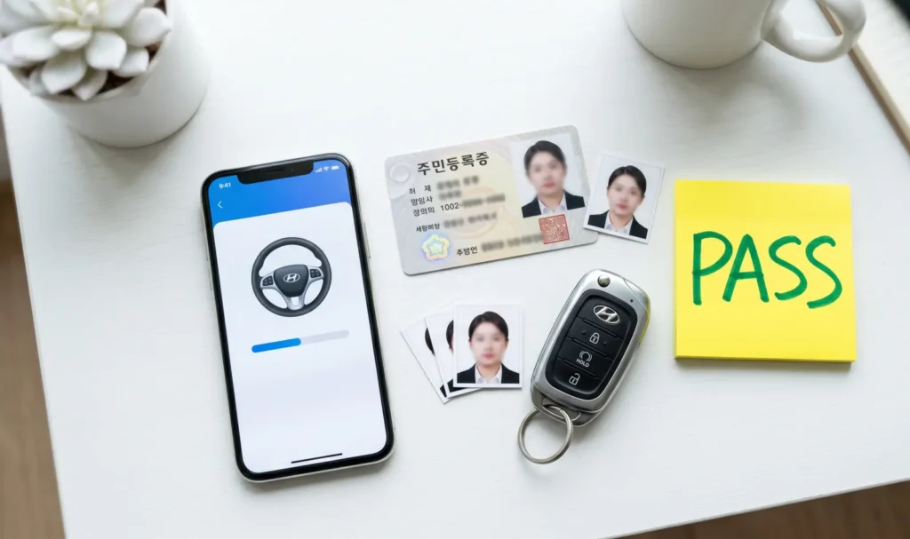운전면허 필기시험 접수 준비물인 신분증, 증명사진, 자동차 키가 책상 위에 놓여 있는 모습
