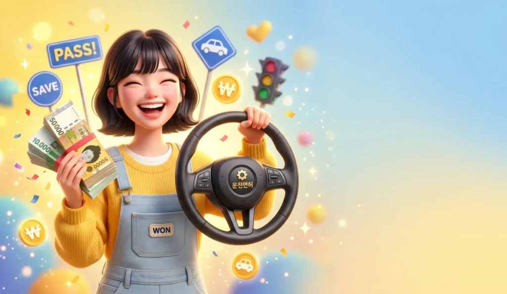 운전면허 기능시험 독학으로 80만 원 학원비를 절약하고 기뻐하는 모습의 3D 일러스트