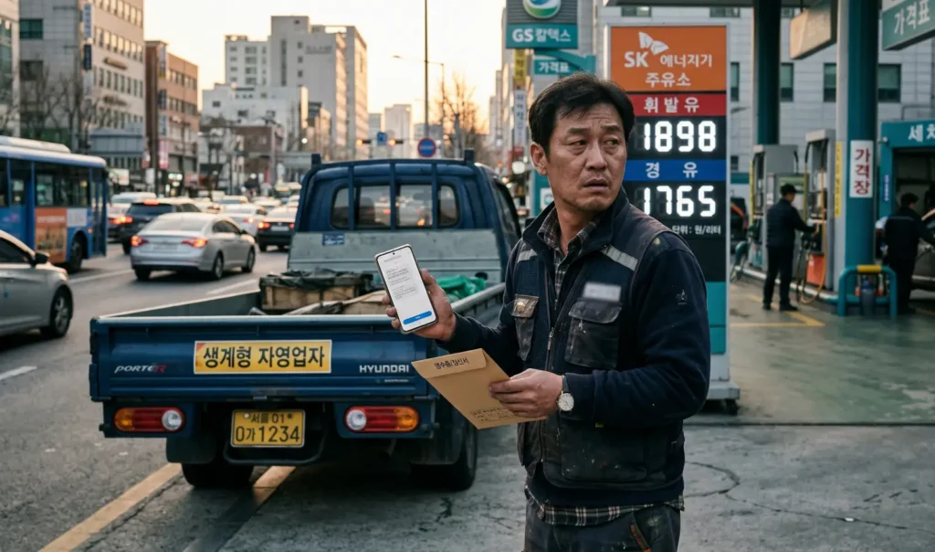 주유소 앞에서 고유가 피해지원금 대상 여부를 확인하는 생계형 자영업자