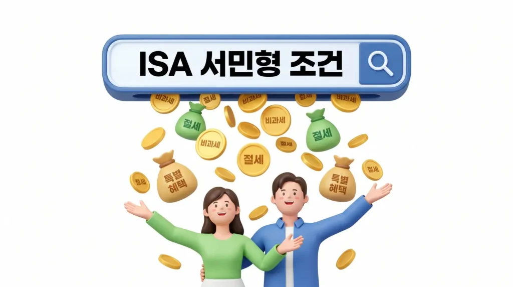 ISA 서민형 조건을 검색하는 3D 검색창 아래로 비과세, 절세, 특별 혜택 동전과 돈 자루가 쏟아지고, 젊은 부부가 기뻐하는 모습