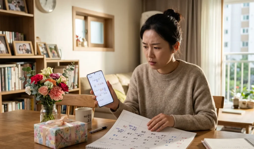 부모님 음력 생일 날짜를 양력으로 확인하며 달력과 휴대폰을 보는 여성