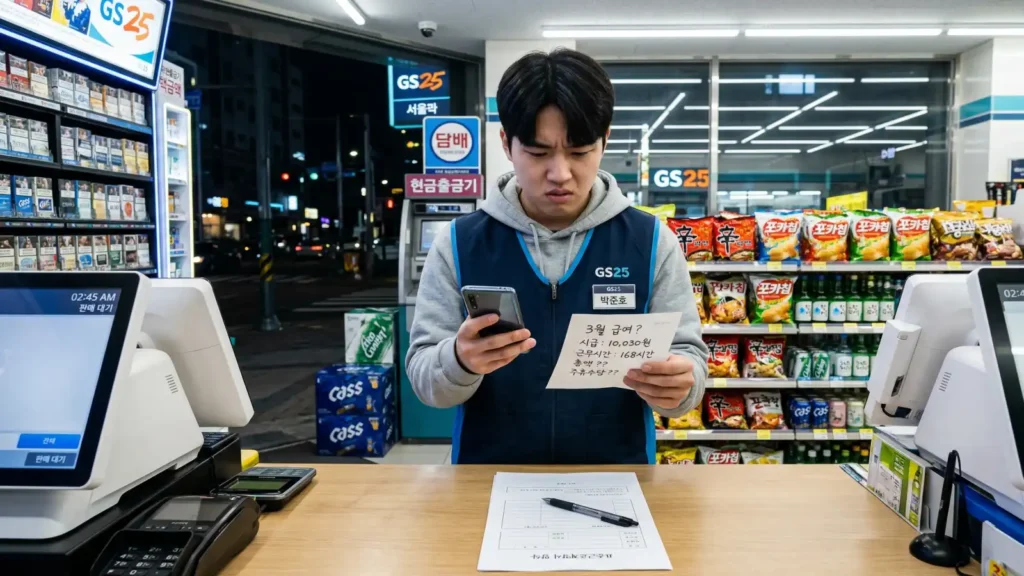 근로계약서 없이 일하는 편의점 알바생이 급여와 근무시간을 확인하는 모습
