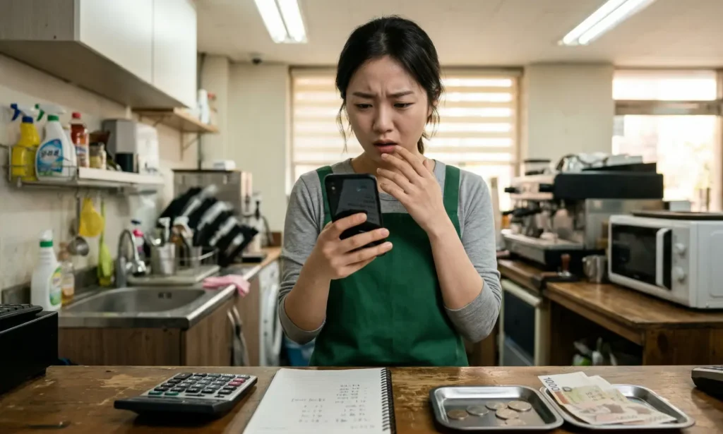 알바생이 통장 입금액을 확인하며 알바비 3.3% 세금 공제 여부를 계산기로 점검하는 모습