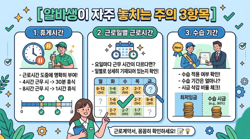 알바생이 근로계약서에서 자주 놓치기 쉬운 3가지 중요 항목을 정리한 직관적인 인포그래픽입니다.