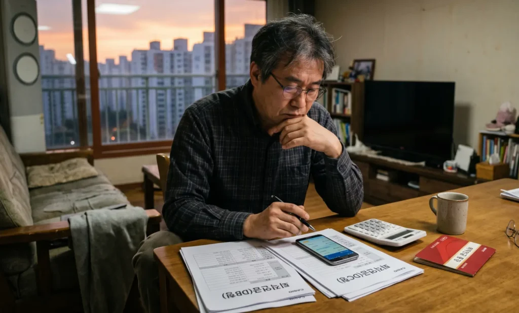 퇴직연금 DB형과 DC형 선택을 고민하는 중년 직장인이 서류와 계산기를 보며 퇴직금 손해를 걱정하는 모습