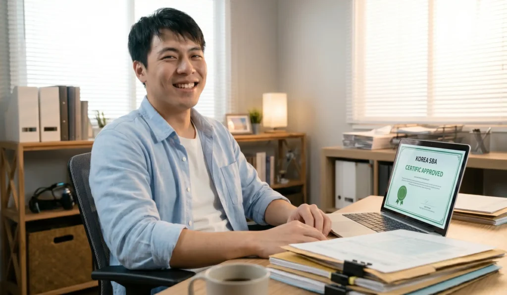 중소기업현황정보시스템에서 소상공인 확인서를 온라인으로 발급받는 사업자의 모습
