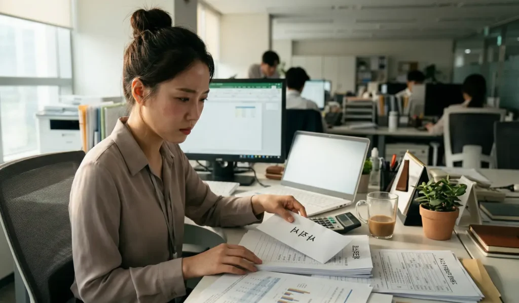 사직서를 들고 퇴사를 고민하는 직장인의 모습, 실업급여 수급 자격과 퇴사 전 확인사항 개념 이미지