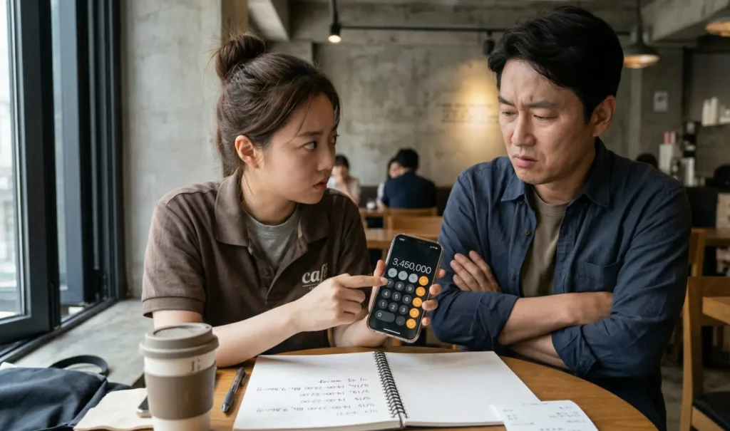 카페에서 알바생이 사장에게 주휴수당 계산 내용을 보여주며 지급 조건을 확인하는 모습