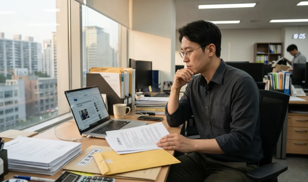 사무실에서 근로계약서와 노란 봉투를 보며 노동 이슈를 확인하는 직장인 모습
