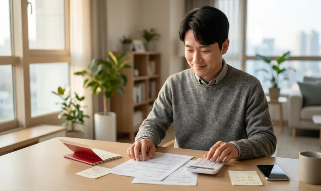 서류와 계산기를 보며 연금저축 세액공제와 환급 가능 금액을 확인하는 직장인