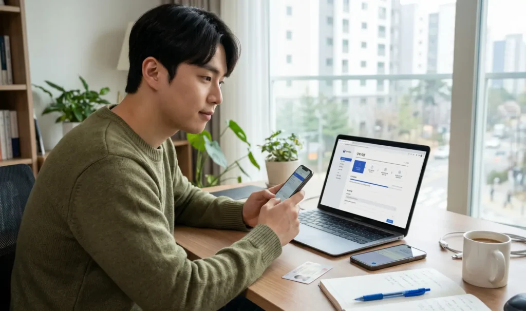청년이 노트북과 스마트폰으로 국민취업지원제도 신청 정보를 확인하는 모습