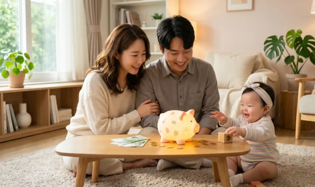 2026 자녀장려금 금액 및 지급일을 기대하며 밝게 빛나는 돼지저금통을 바라보는 화목한 가족의 모습