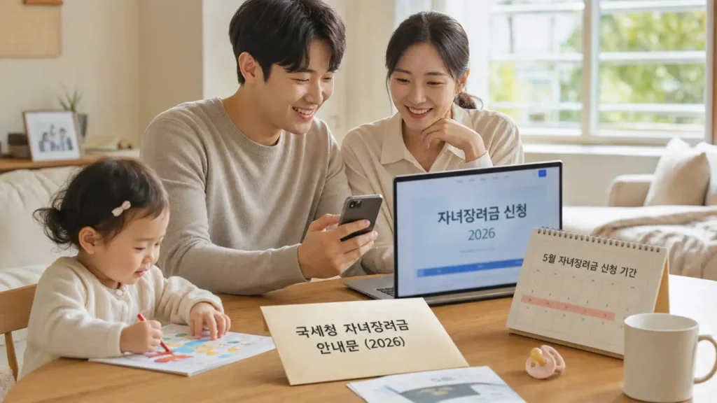 햇살이 들어오는 거실에서 부모가 자녀장려금 신청 안내문과 노트북을 확인하는 가족 모습