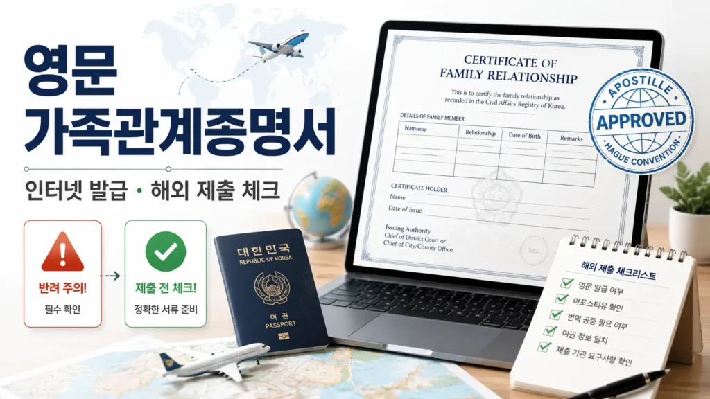 영문 가족관계증명서 인터넷 발급과 해외 제출 전 확인 사항을 여권, 아포스티유 승인 표시, 체크리스트로 표현한 이미지