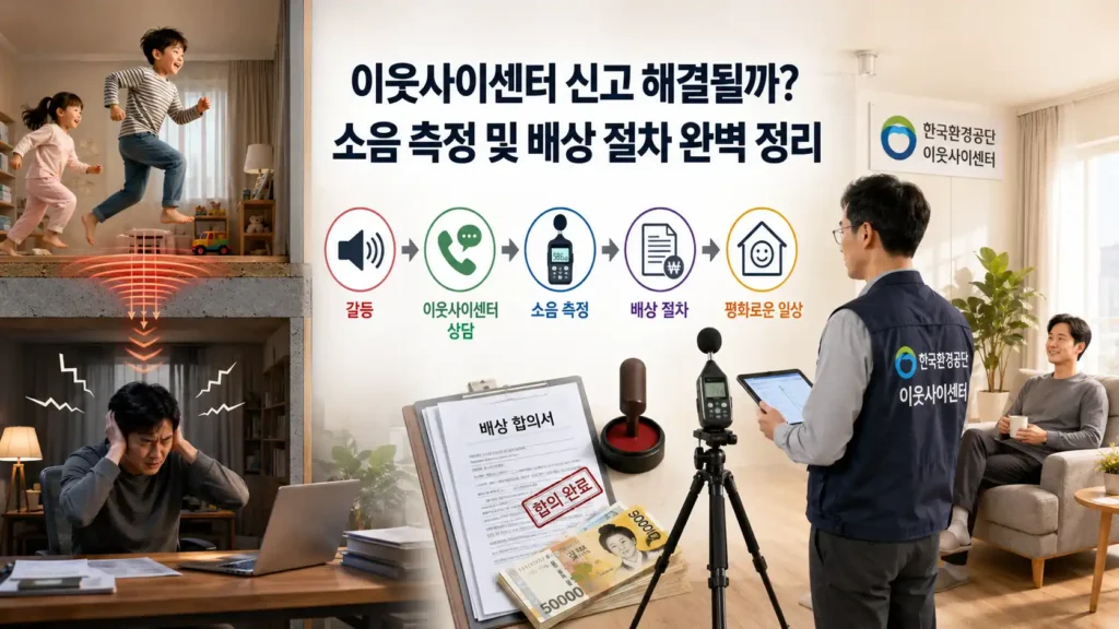 위층의 층간소음으로 고통받는 모습과 한국환경공단 이웃사이센터의 현장 소음 측정, 피해 배상 합의 절차를 거쳐 평화로운 일상을 되찾는 층간소음신고센터 해결 과정 안내도