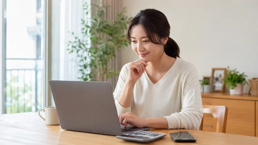 30대 한국인 직장인이 집 식탁에서 노트북으로 홈택스 세금 환급 신청을 확인하는 모습