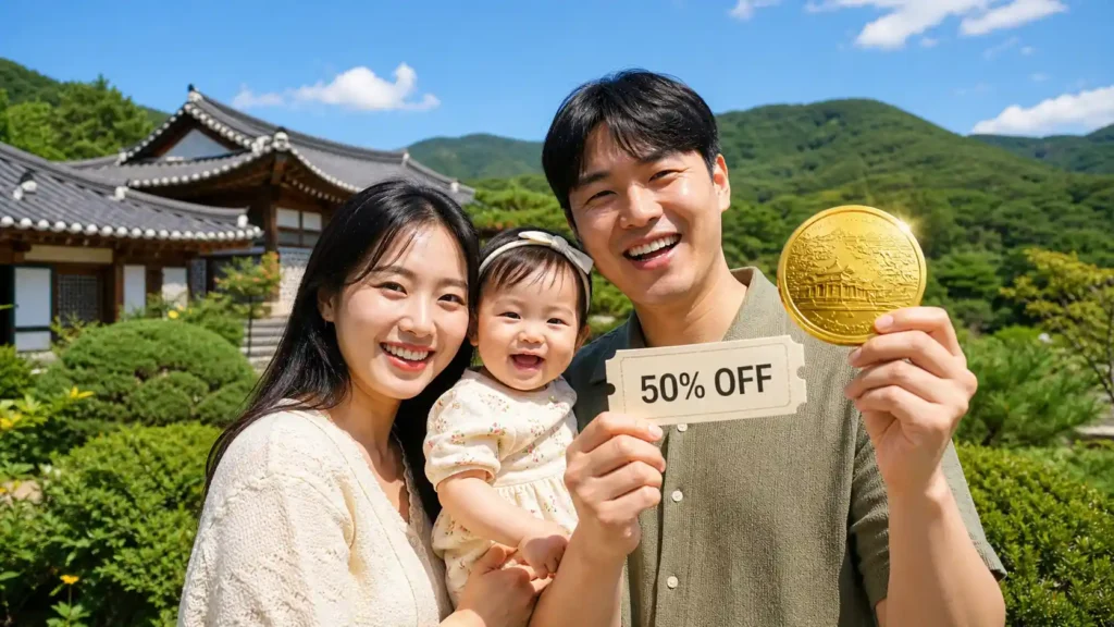 한옥과 푸른 자연을 배경으로 아기와 함께 여행 할인 혜택을 보여주는 한국 가족