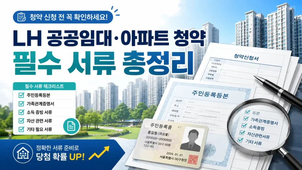 LH 공공임대와 아파트 청약 신청 전 필요한 제출 서류를 체크리스트와 서류 이미지로 정리한 대표 이미지