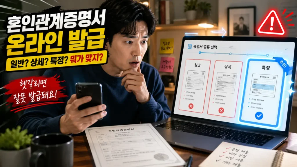 혼인관계증명서 일반 상세 특정 선택을 헷갈려 하는 사람이 온라인 발급 화면을 확인하는 모습