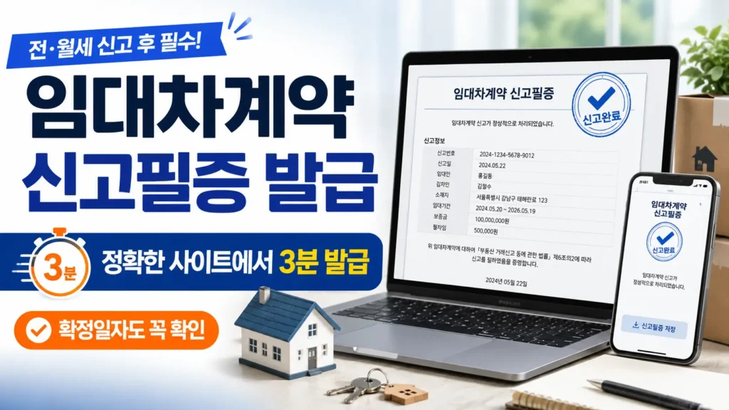 임대차계약 신고필증 발급 방법과 전월세 신고 완료 확인 절차를 보여주는 이미지